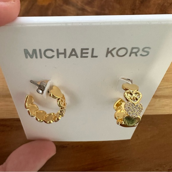 Michael Kors Gold Plated Over Brass Stacked Heart Hoop Earrings Logo & Crystal - Picture 2 of 3